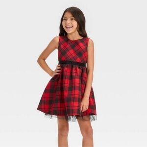 Cat and Jack Red and black plaid tank dress with tulle bow & zipper closure